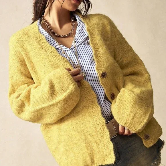 yellow Casual Women's Loose Drop Shoulder Button Front knit Cardigan - Picture 5 of 8